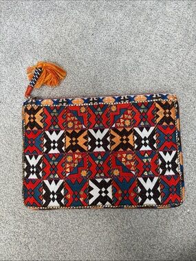 Hand-Embroidered Geometric Zip oversized  Clutch in Red, Blue & Orange